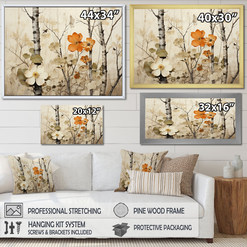 Floral, beige et brun, bouleau, forêt, forêt - arbre, art mural, Cadre flottant noir, H 16 po x l 32 po x P 1 po