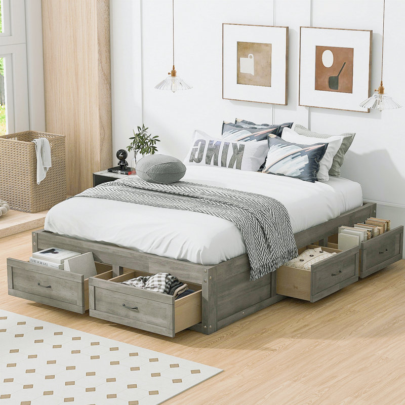Lit plateforme double avec 6 tiroirs de rangement, gris antique, Lit double, Gris antique