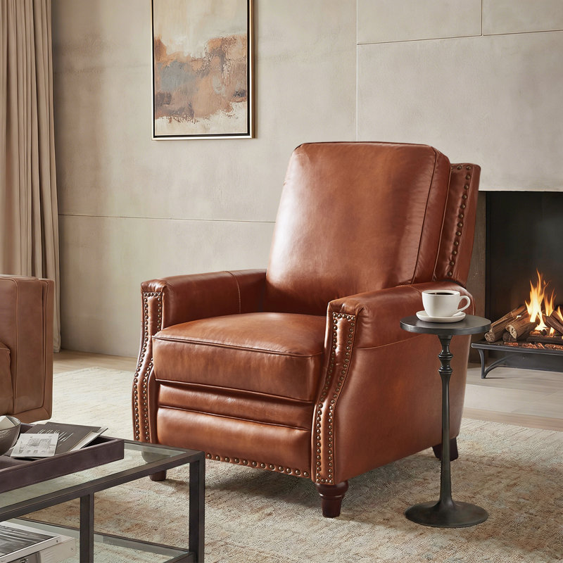 Fauteuil inclinable en cuir véritable Andrena avec garniture cloutée, Cuir véritable brun moyen