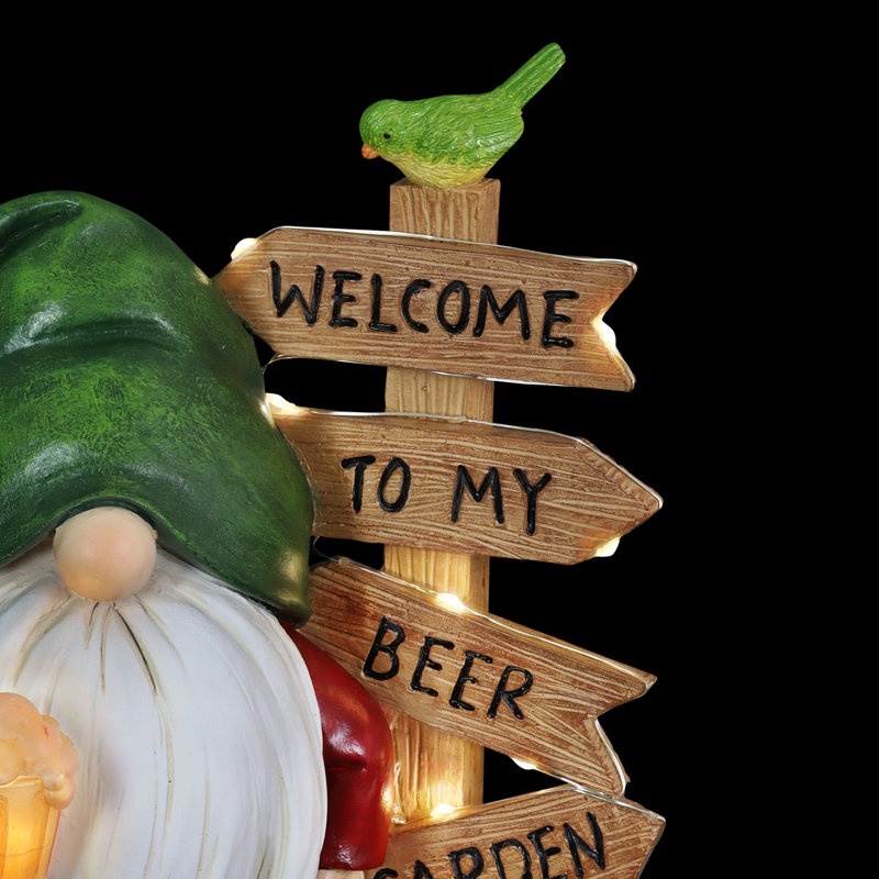 Gnome solaire Exhart avec un panneau «Welcome to my Beer Garden», 8 par 9,5 pouces