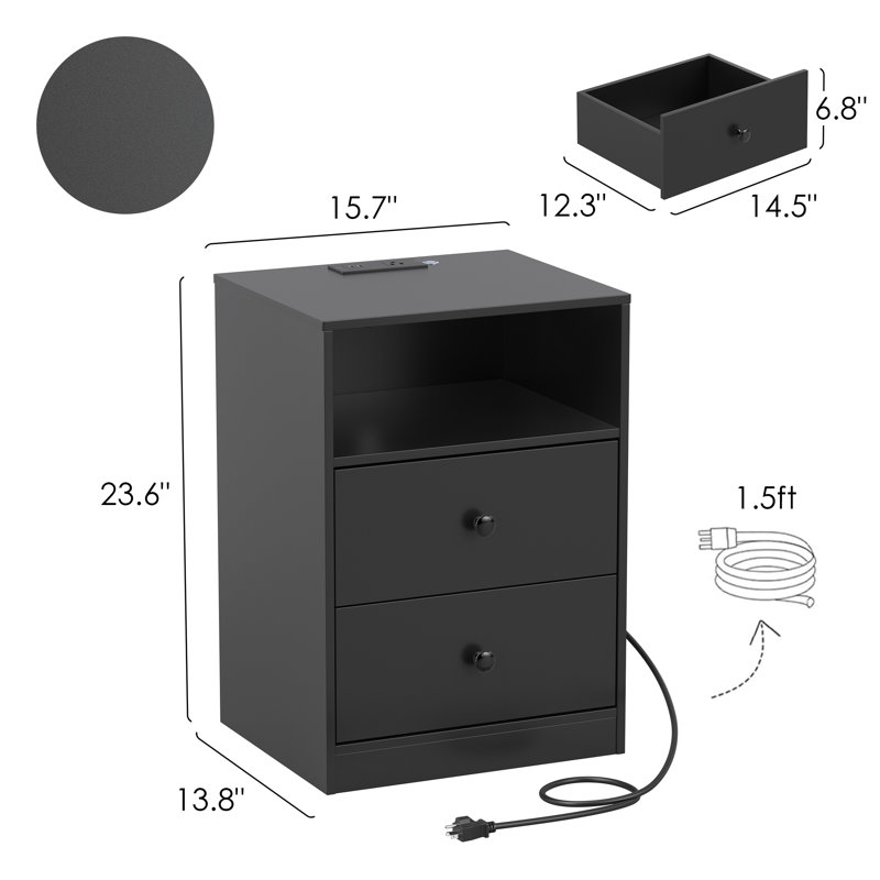 Modern Nightstand with Charging Station & Smart LED Light, Bedside Table with 2 Drawers and Open Shelf, Small End Table for Bedroom, Black