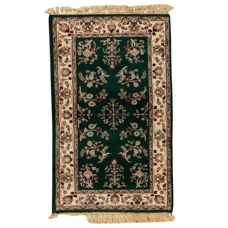 Tapis vert foncé et ivoire noué à la main de haute qualité