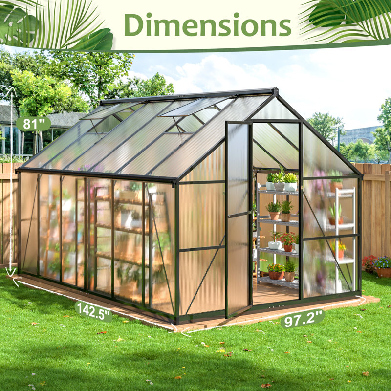 8 ft. W x 12 ft. D Greenhouse for Outdoors, with Reinforced Quick-Setup and Roof Vent, Green