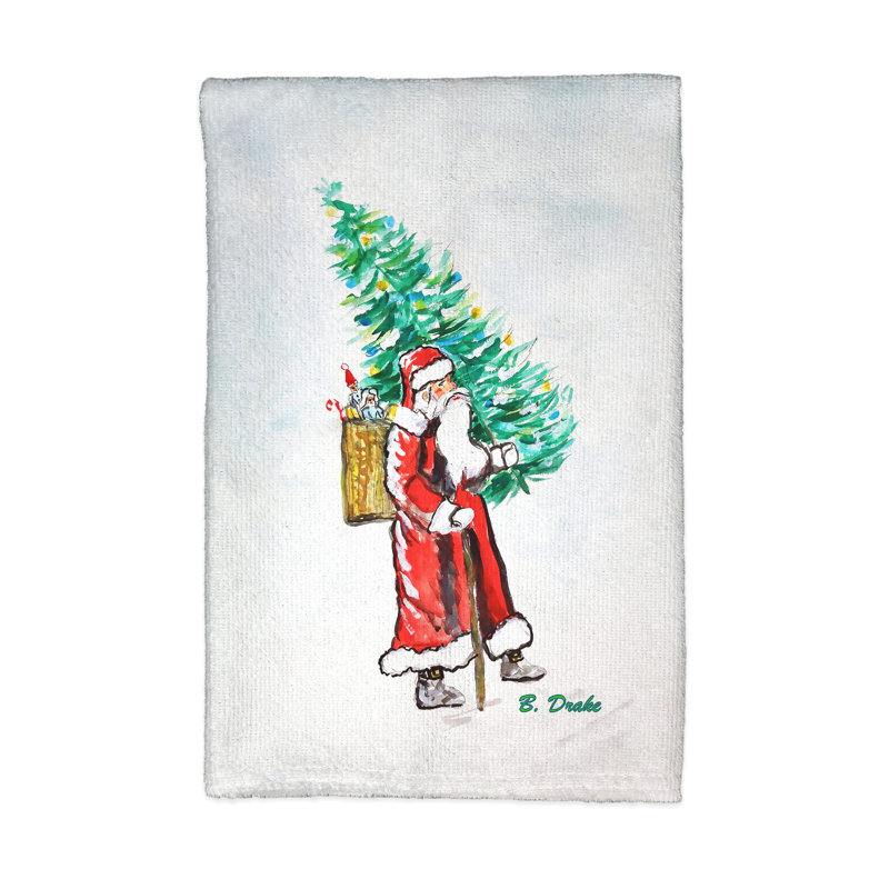 Serviette de cuisine Père Noël apportant un arbre