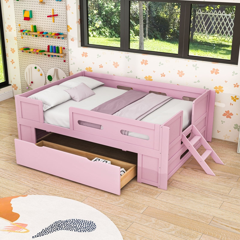 Lit plateforme avec garde-corps et tiroir de rangement, Lit double, Rose