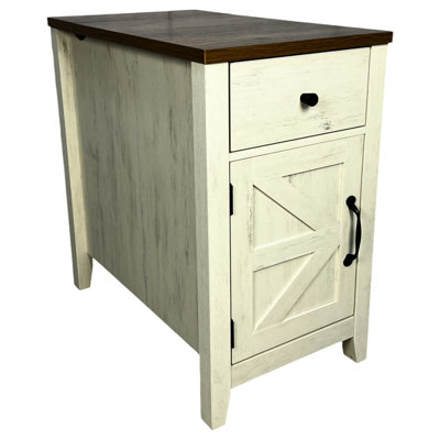 Table de chevet In Design - Station de charge tiroir et armoire de porte de grange style brun et blanc avec rangement, blanc, simple mais élégant