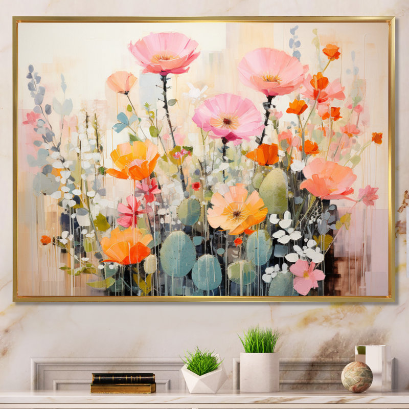 Cactus rose et vert, art acrylique multicolore I - Cactus, Cadre flottant doré, H 24 po x l 32 po x P 1 po