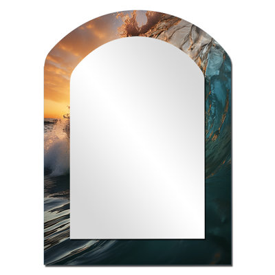 Beach Photo Sunlit Waves X - Beach Asymmetrical Mirror, Teal Arch Decorative Wall Mirror, Printed Metal Art