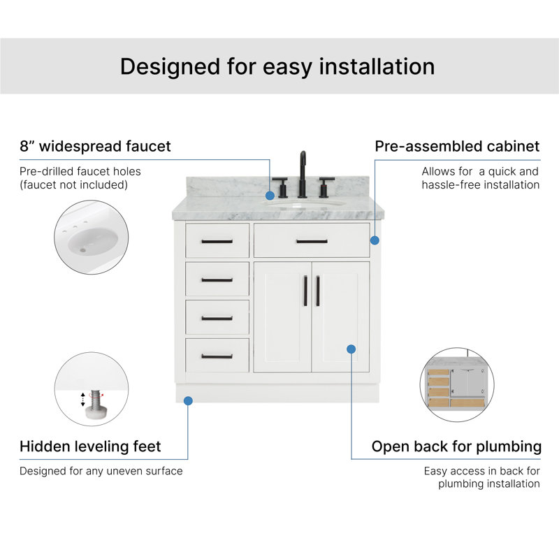 ARIEL HEPBURN 37 IN RIGHT OFFSET RECTANGULAR SINK VANITY 1,5 IN, White, Oval, Right