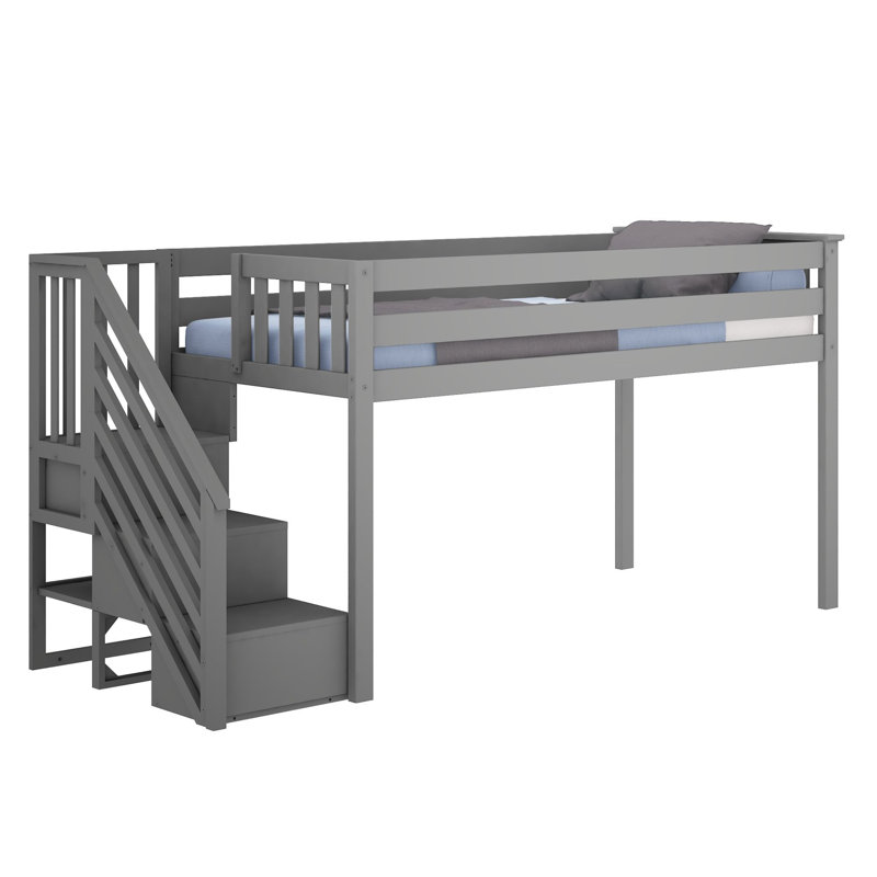 Twin Solid Wood Slat Loft Bed with Staircase, Grey