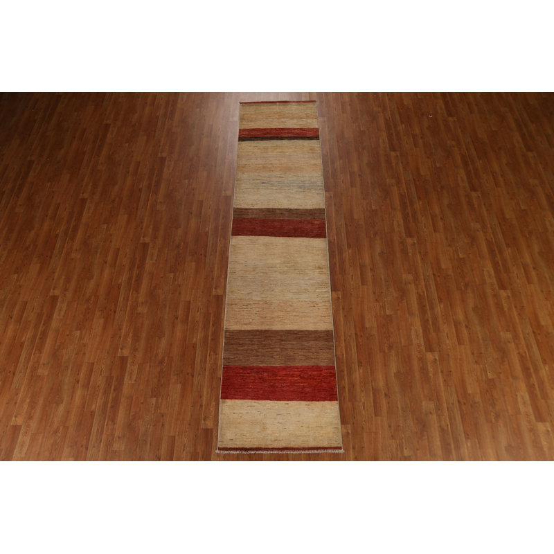 Tapis beige en laine noué à la main de conception unique 2 pi 8 po x 11 pi 3 po New Age