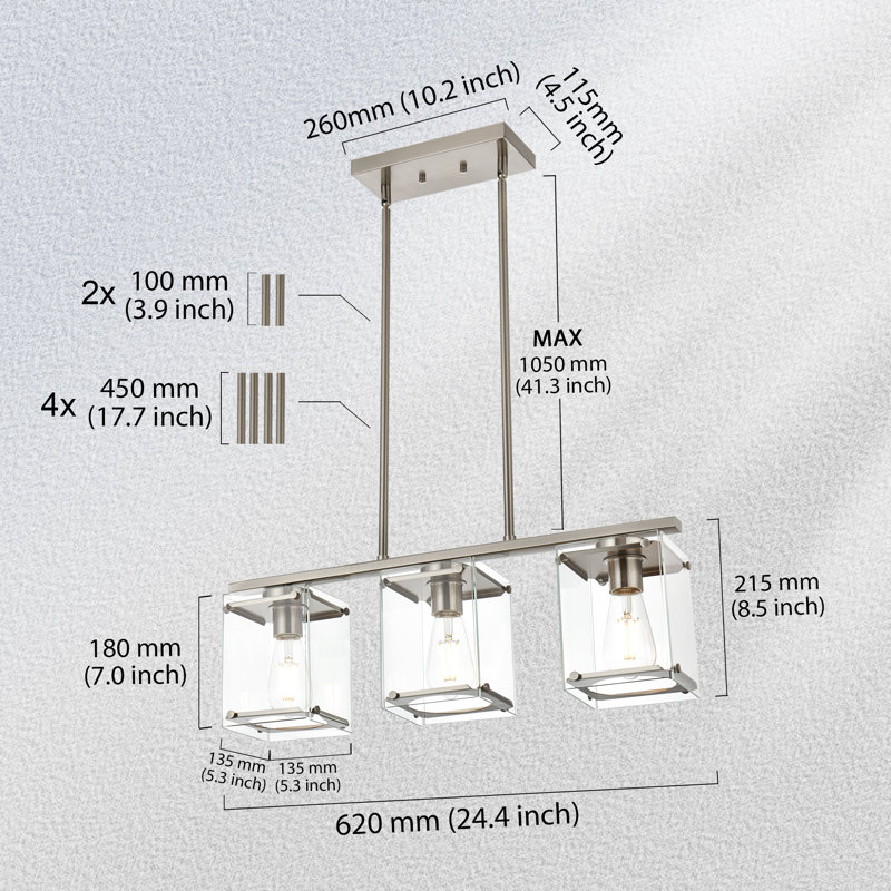 Luminaire suspendu pour îlot de cuisine 3 lumières Willavene, Nickel brossé