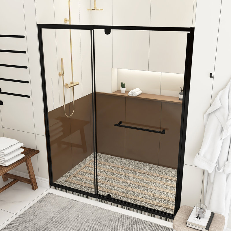 Black 60 Inch W X 72 Inch H Pivot Swing Shower Door, 1/4 Inch Thick Clear Tempered Glass,With Stainless Steel Handle, Black