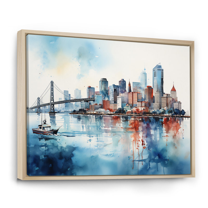 «Golden Gate San Francisco Cityview Watercolor I», reproduction sur toile, 34" H x 44" W, Cadre naturel flottant