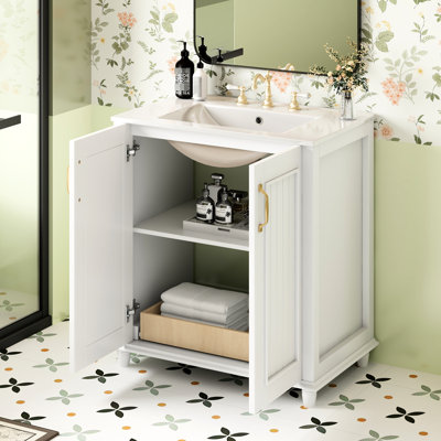 Meuble-lavabo de 30 pouces, lavabo en céramique, tiroir caché, rangement polyvalent, tableau de haute qualité, charnière de porte, armoire de rangement autoportante de style pastoral, amplement réglable avec charnières à fermeture douce,