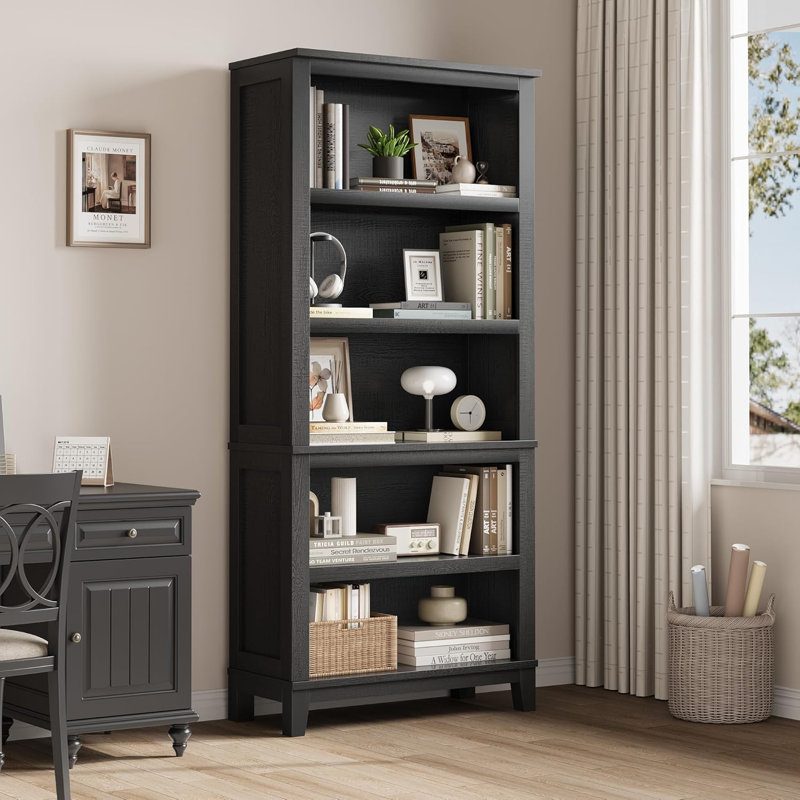 71" Farmhouse Bookcase with Adjustable Shelves - Rustic 5-Tier Bookshelf for Living Room, Office & Library, 31.5" Wide, Black