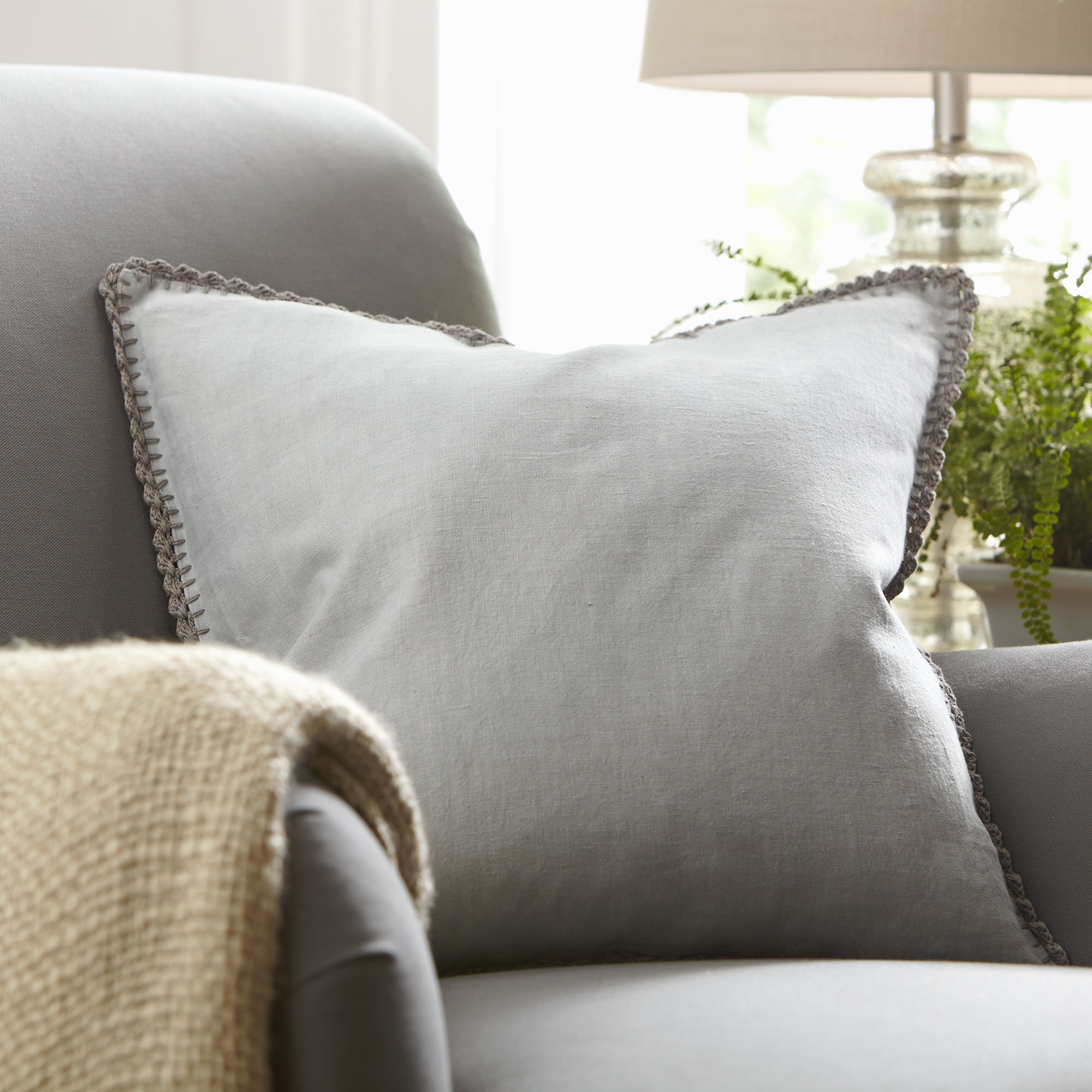 Stokes Embroidered Linen Throw Pillow, Stone, 20" x 20", Pillow Cover Only
