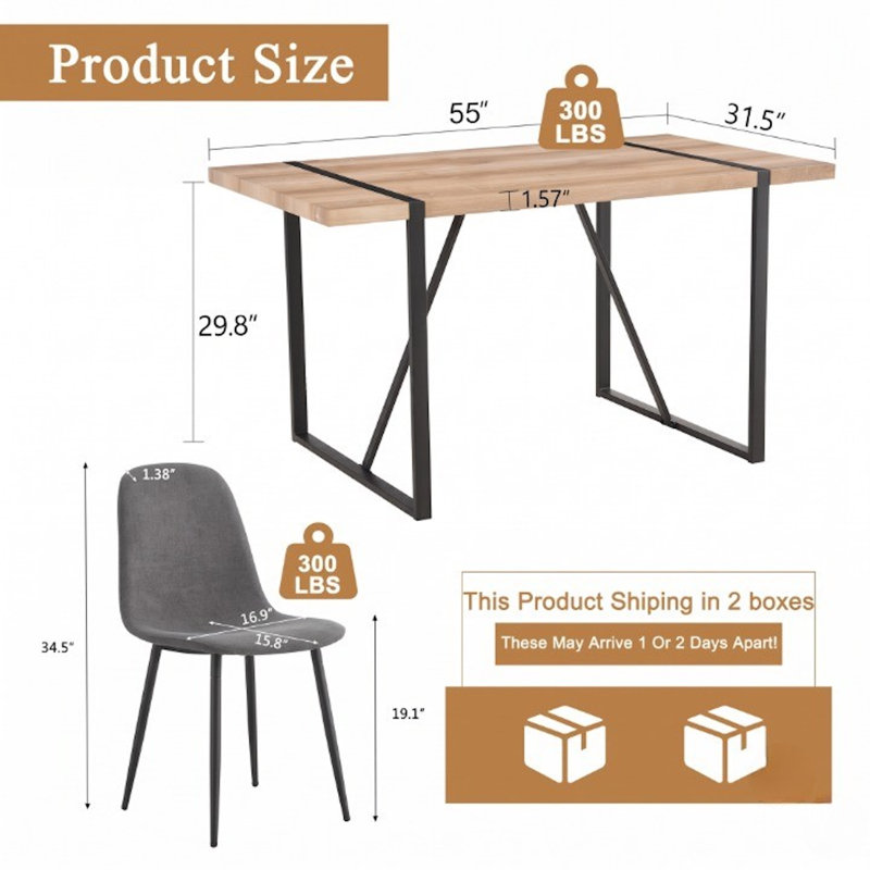 5-Piece Modern Industrial Rectangular Wood Dining Set with Upholstered Chairs, Gray, Natural Oak