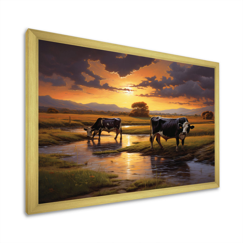 «Kvon Cows At Farm Landscape II», reproduction sur toile, Cadre doré à une seule photo, H 16 po x l 32 po x P 1 po