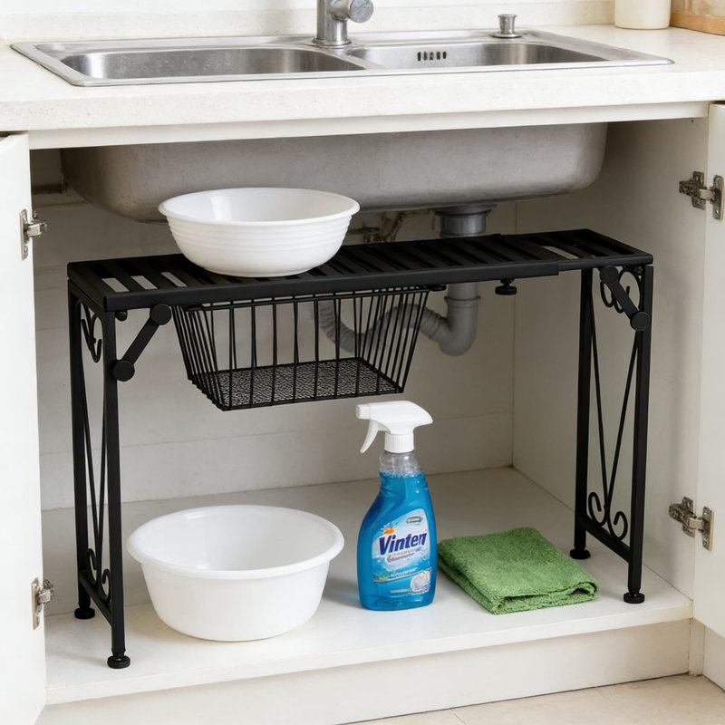 Tablette extensible au-dessus de l'évier avec tiroir coulissant, support de rangement pour cuisine et salle de bain en métal noir avec motif à volutes
