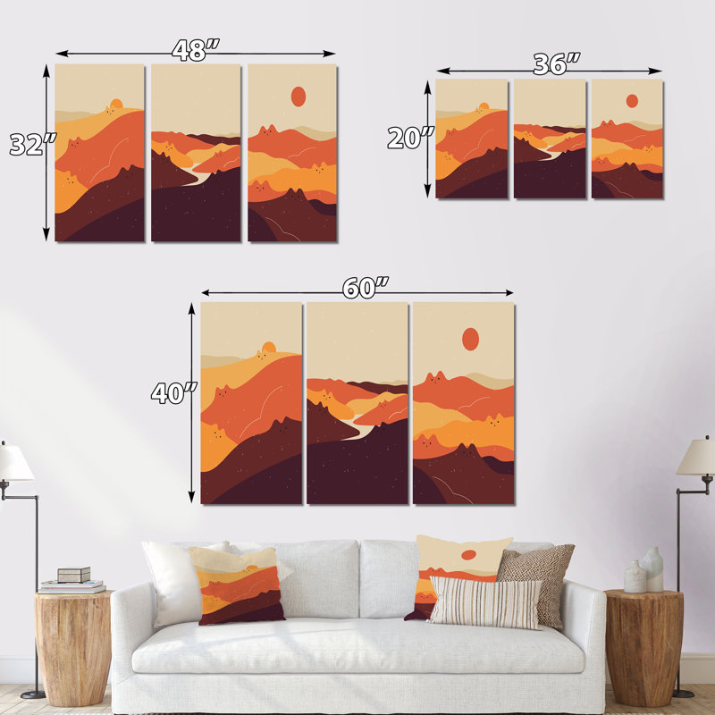 Paysage rétro rétro en couleurs rétro II - ensemble d'art moderne Mid-Century de 3 pièces, H 40 po x l 60 po