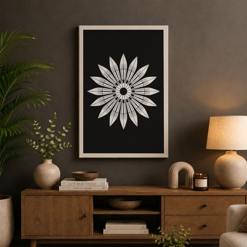 Geometric Daisy Botanical - Wrapped Canvas, 36x24 - 91.4 x 61.0 cm, Terracotta Border