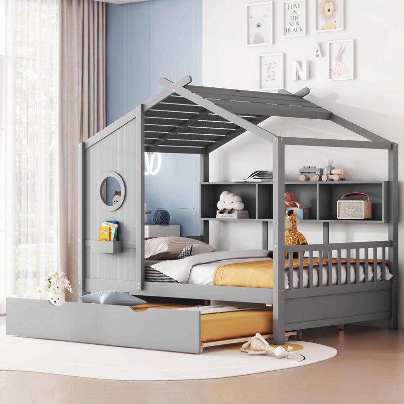 Lit de maison en bois avec lit gigogne, conception moderne pour enfants avec tablette de rangement, Double, Gris