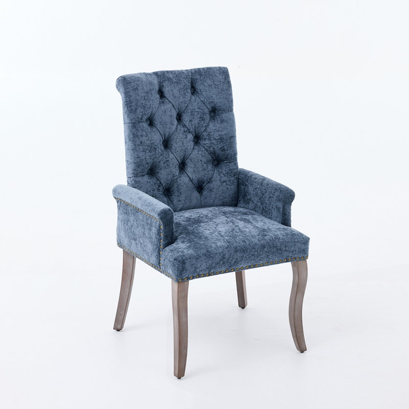 Chaise de salle à manger rembourrée en tissu de chenille, Bleu, Marron clair