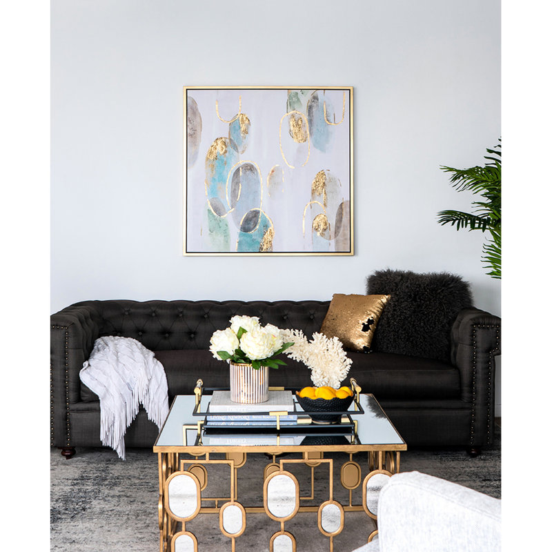 20% Cadre en plastique 39,5 po, peinture à l'huile carrée pour décoration murale de salle à manger, bureau moderne encadré, avec formes et accents dorés