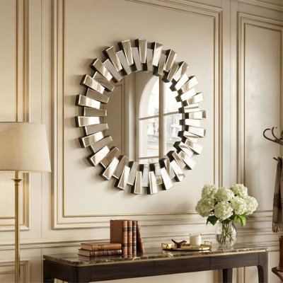 Miroir mural 32 "Sunburst Art Deco avec rayons en miroir, cadre décoratif rond en polyuréthane