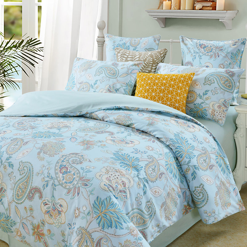  800TC 100% Egyptian Cotton Duvet Cover Set，3pcs Luxury Vintage Classic Blue Boho Damask Paisley Bedding Set, Aesthetic Botanical Pattern for Bedroom Guest Room Student Dorm All Seasons