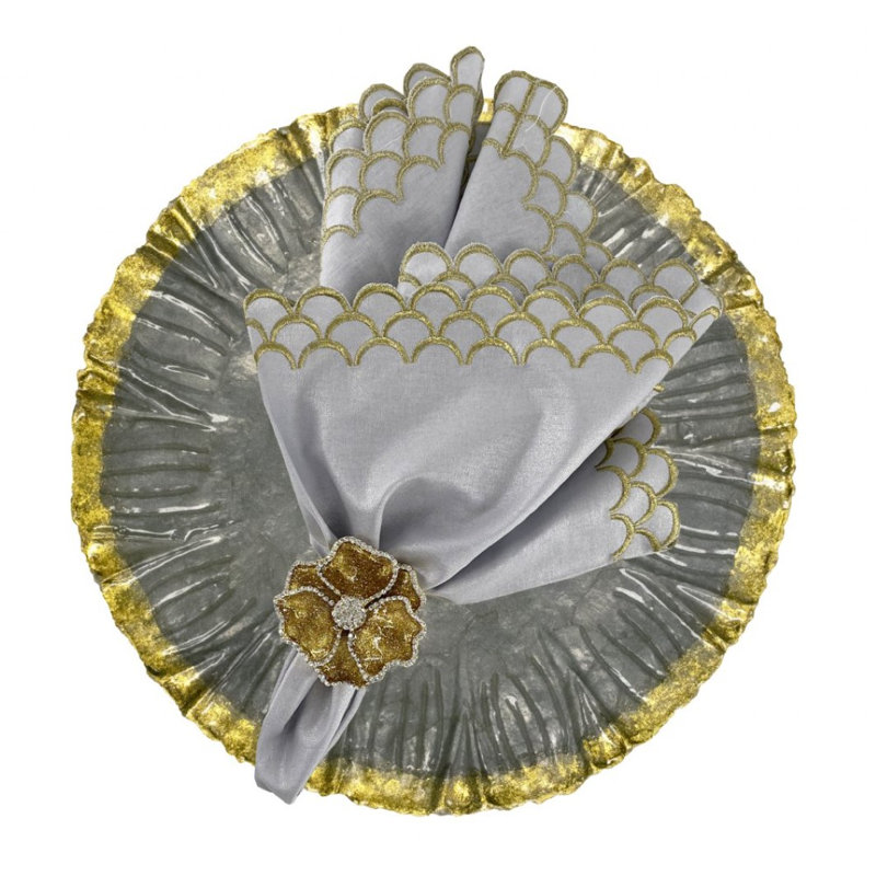 Peacock Linen Napkin, Gray/Gold