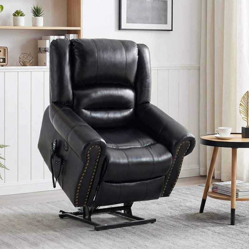 Aura 40" W Dual Motor Power Lift Recliner Infinite Position With Heat And Massage, Black Genuine Leather