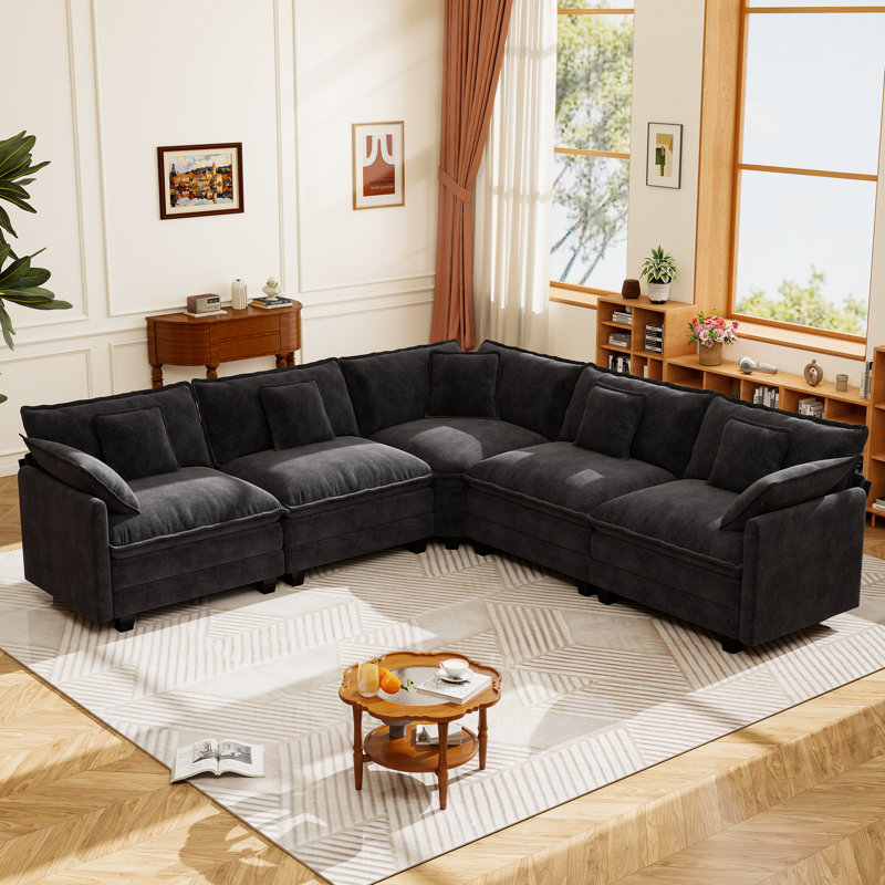 George 111.5" Modern 5 Seat Chenille L Shaped Modular Sectional Sofa, Black Chenille