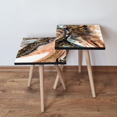 Ensemble de 2 tables gigognes élégantes en marbre, conception abstraite, 13,8 x 18,5 x 13,8 pouces et 13,8 x 16,5 x 13,8 pouces | 100% panneau de fibres à densité moyenne avec des pieds en bois de hêtre, robuste et élégant pour le salon, décoration intérieure moderne