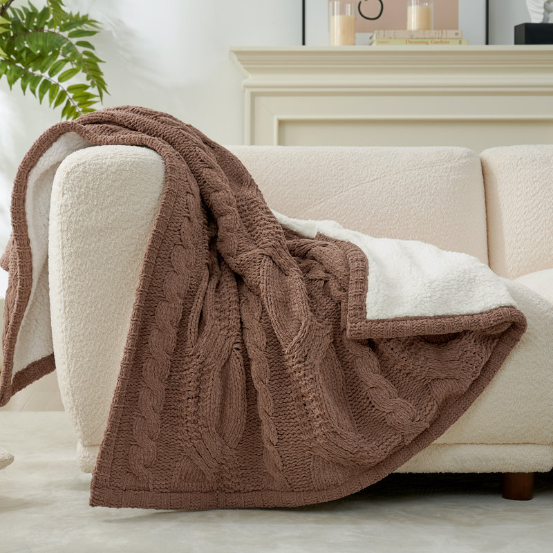 Jeté en sherpa réversible réversible en tricot douillet pour canapé, canapé et lit, L 50 po x L 60 po, Brun