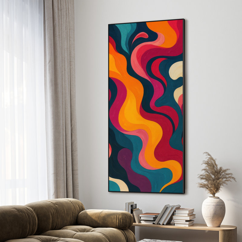 Très grande reproduction d'art sur toile - Vagues abstraites et vibrantes en rouge orange et bleu sarcelle pour le salon ou la chambre à coucher - «Assemblage requis du cadre (cadre non fini)»