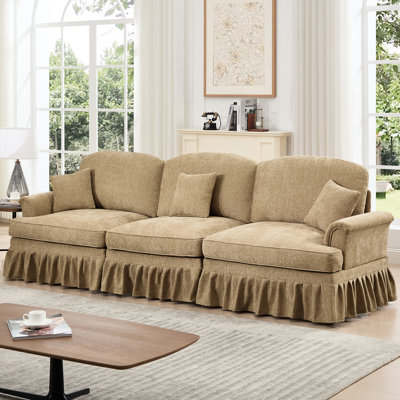 Mid Century 3 Seater Couch With Silver Thread Chenille, High - Density Foam, And Removable Skirts Coffee Seat Flared Arms, Flower Shaped Backrests, Foam Padding