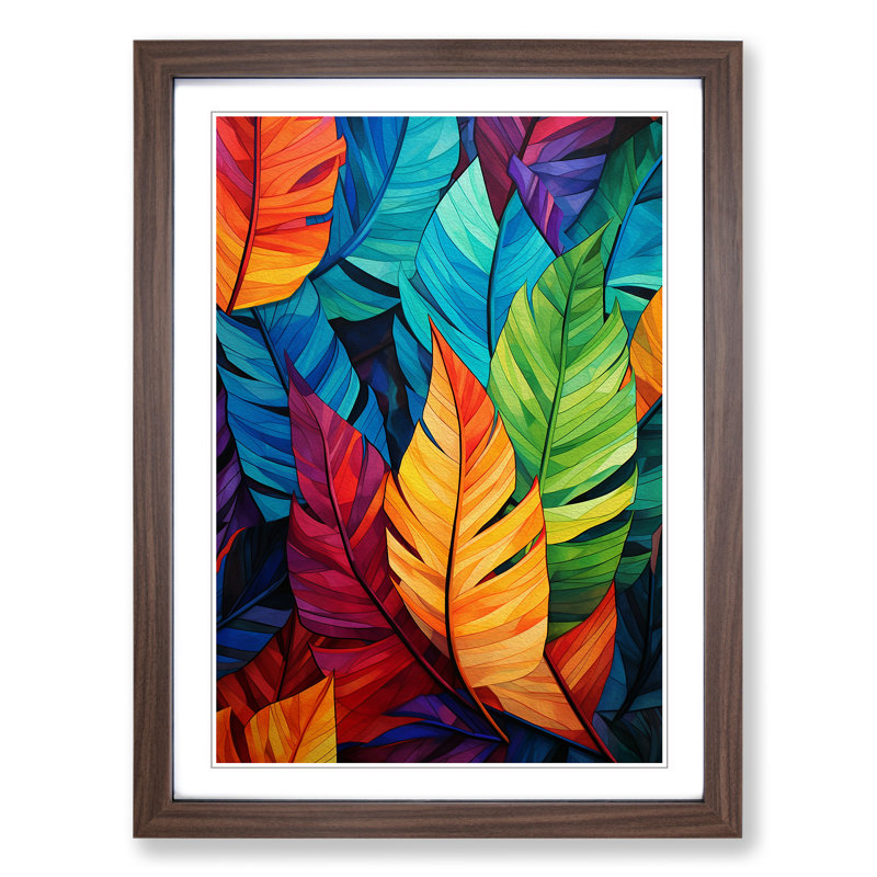 Tropical Leaf Geometric - Single Picture Frame Print on Wood, Walnut Framed, 64cm H x 46cm W