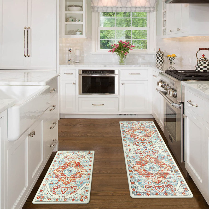 Orange Blue Beige Anti-Fatigue Memory Foam Kitchen Mat Set