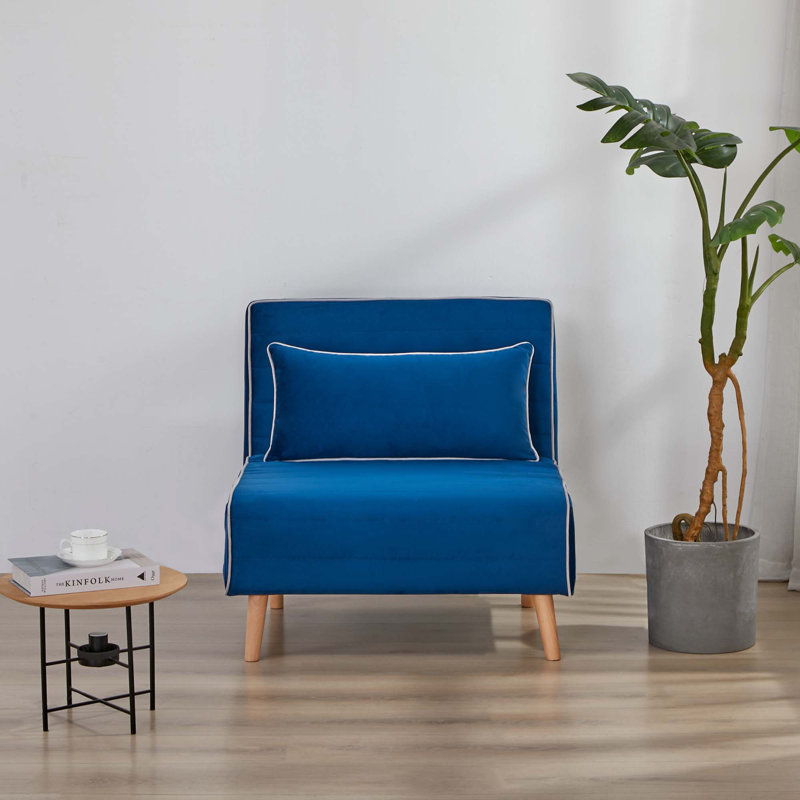 Fauteuil-lit moderne en velours pliable avec passepoil CANON - dossier réglable à 3 positions, se transforme en lit en 10 secondes, comprend un oreiller et un canapé-lit bleu compact