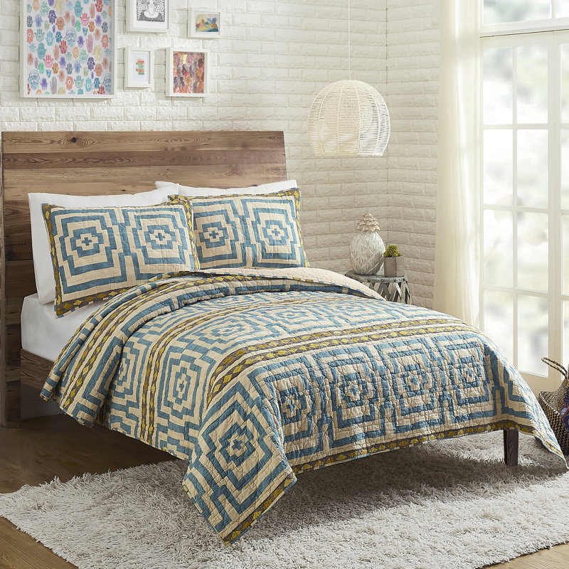 Hypnotic Blue 100% Cotton Boho Lightweight Quilt Set, Full/Queen Quilt + 2 Standard Shams