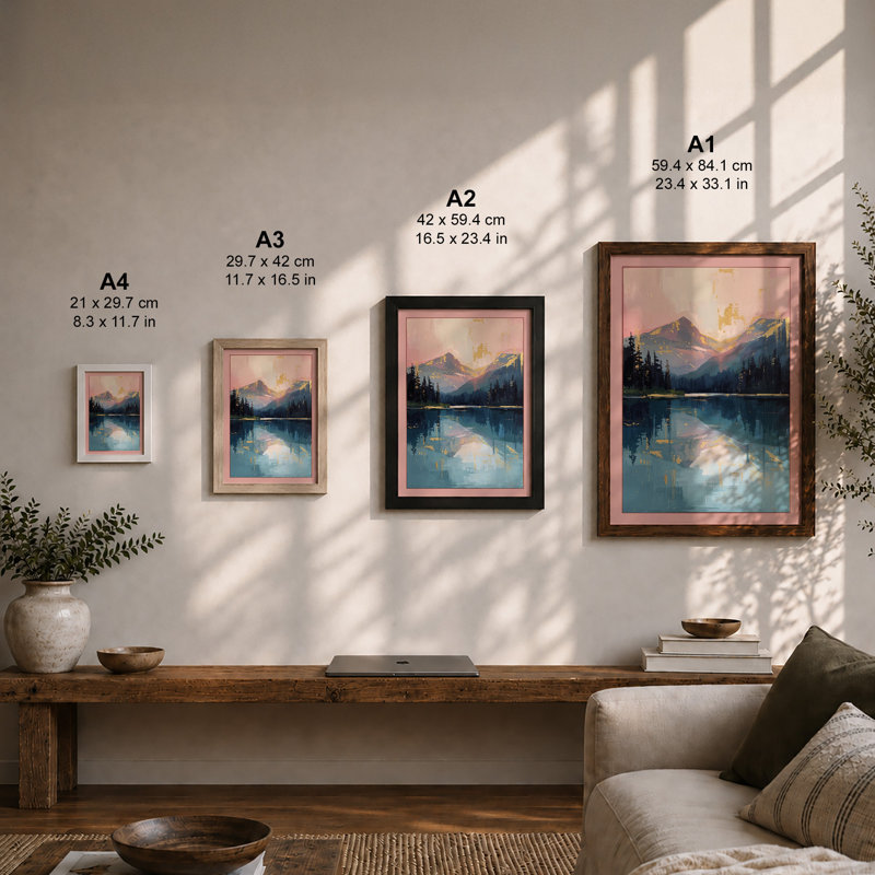 Mountains at Sunrise Scandinavian - Framed Print, A4 - 29.7 x 21.0 cm, Walnut