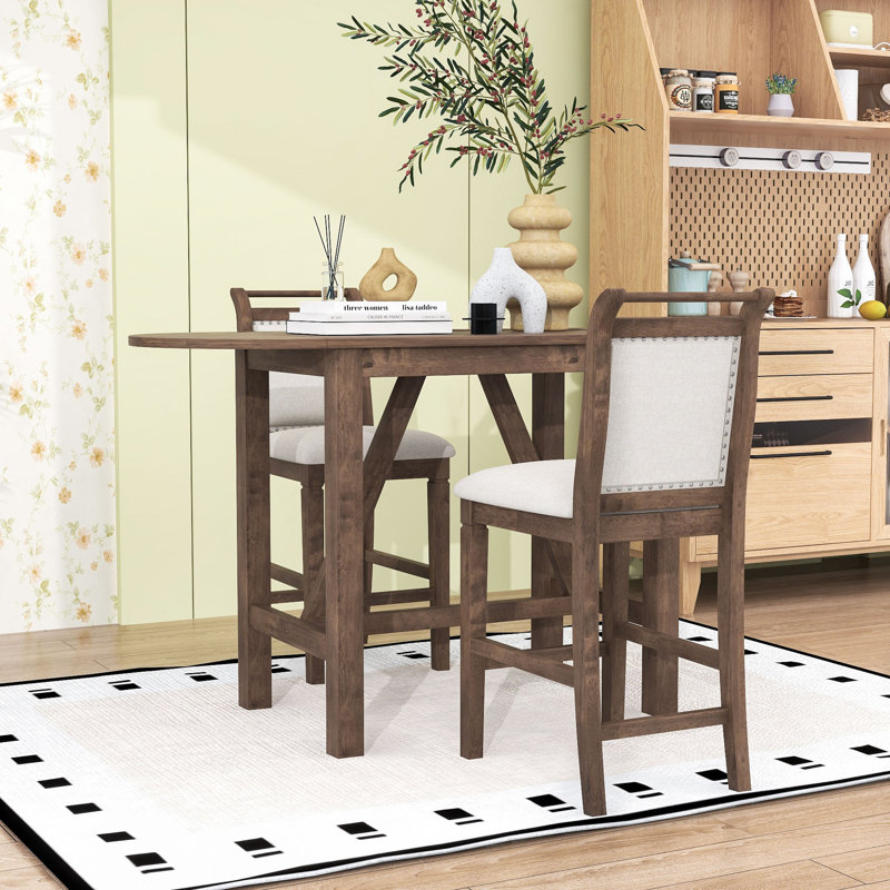 Ensemble de table de salle à manger à hauteur de comptoir en bois 3 pièces avec 2 chaises rembourrées, Brown