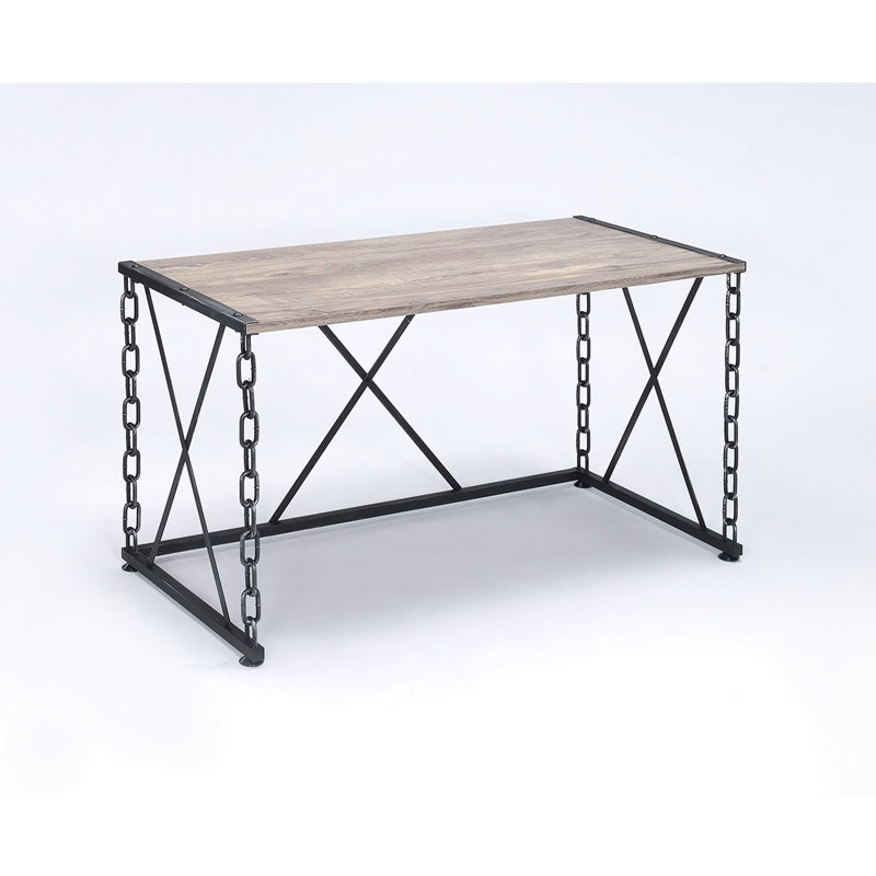 Bureau de coiffeuse rectangulaire de style rustique, chêne et noir antique avec structure métallique