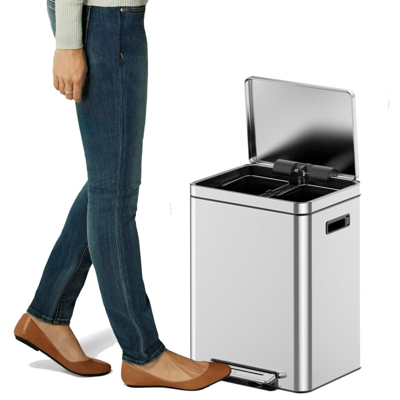 Poubelle à double compartiment 10,6 gallons avec couvercle, bac de recyclage en acier inoxydable avec fermeture en douceur, pédale de pied, seaux intérieurs pour la cuisine