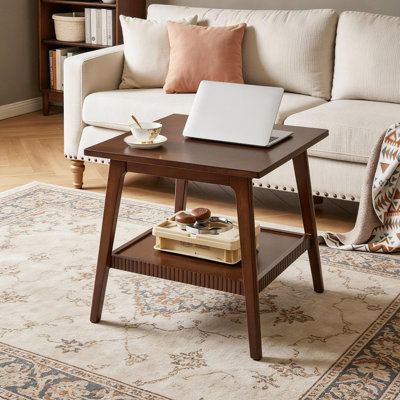 Solid Wood End Table, 2‑Tier Square Side Table with Storage Shelf