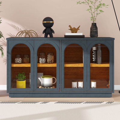 Grande armoire de rangement à buffet avec 4 portes en verre, dispositif de rebond et tablettes réglables
