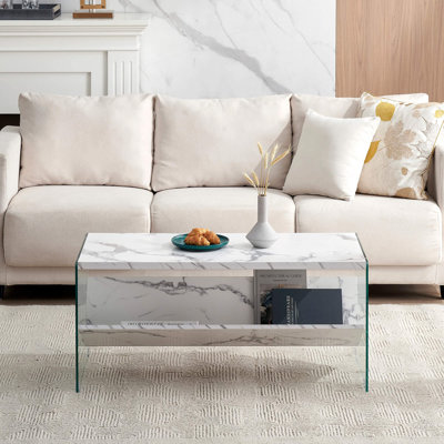 Table basse rectangulaire avec pieds en verre trempé, table basse moderne avec rangement Mid-Century