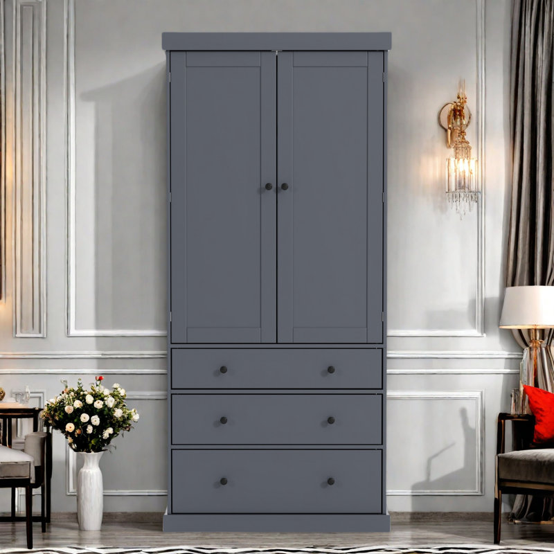 Garde-manger Farmhouse avec 3 tablettes réglables, 8 tablettes de porte et 3 tiroirs, Gris